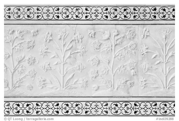 Vegetative motifs on white marble dados, Taj Mahal. Agra, Uttar Pradesh, India (black and white)