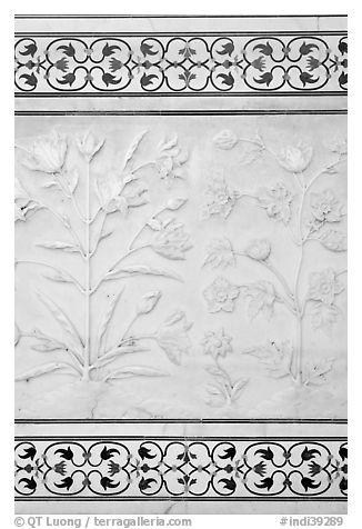 Bas reliefs and pietra dura inlays of flowers, Taj Mahal. Agra, Uttar Pradesh, India (black and white)