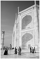 View from platform showing two large stacked pishtaqs, Taj Mahal. Agra, Uttar Pradesh, India (black and white)