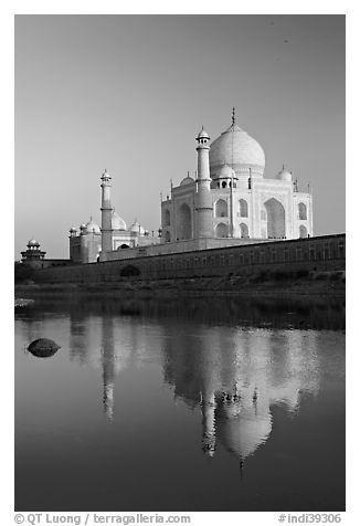 Taj Mahal reflected in Yamuna River. Agra, Uttar Pradesh, India (black and white)