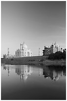 Taj Mahal complex reflected in Yamuna River. Agra, Uttar Pradesh, India (black and white)