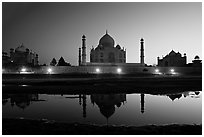 Jawab, Taj Mahal, and Taj Mahal mosque over Yamuna River at dusk. Agra, Uttar Pradesh, India (black and white)