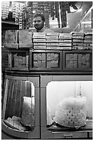 Store selling peitha squares, a local sweet. Agra, Uttar Pradesh, India (black and white)