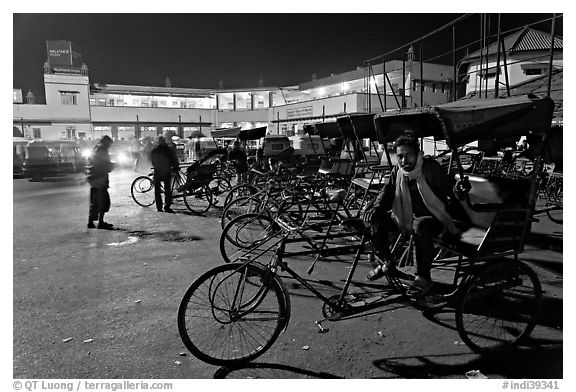 Cycle-rickshaws in front of train station. Agra, Uttar Pradesh, India