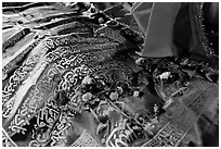 Cloth covering Shaikh Salim Chishti tomb with offered flowers. Fatehpur Sikri, Uttar Pradesh, India (black and white)