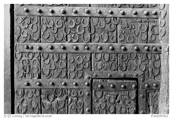 Detail of door with horseshoes, Dargah (Jama Masjid) mosque. Fatehpur Sikri, Uttar Pradesh, India (black and white)