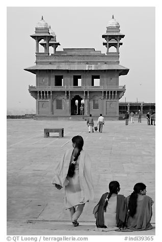 Women, Pachisi courtyard, and Diwan-i-Khas. Fatehpur Sikri, Uttar Pradesh, India