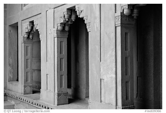 Facade detail of the Treasury building. Fatehpur Sikri, Uttar Pradesh, India (black and white)