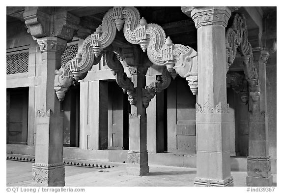 Columns in front of the Treasury building. Fatehpur Sikri, Uttar Pradesh, India (black and white)