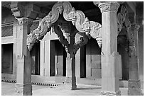 Columns in front of the Treasury building. Fatehpur Sikri, Uttar Pradesh, India (black and white)