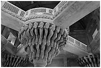 Plinth linked to corners of room by stone bridges, inside Diwan-i-Khas. Fatehpur Sikri, Uttar Pradesh, India ( black and white)