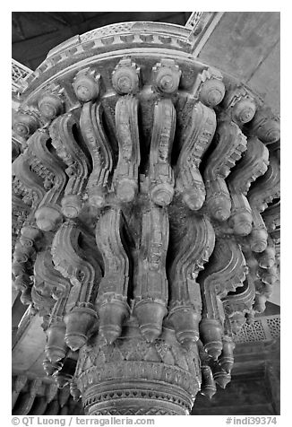 Plinth topping stone column, inside Diwan-i-Khas. Fatehpur Sikri, Uttar Pradesh, India (black and white)