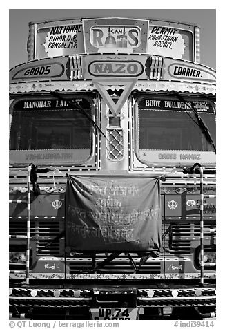 Decorated truck. Fatehpur Sikri, Uttar Pradesh, India (black and white)