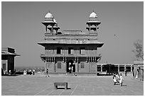 Pachisi courtyard, and Diwan-i-Khas, afternoon. Fatehpur Sikri, Uttar Pradesh, India (black and white)