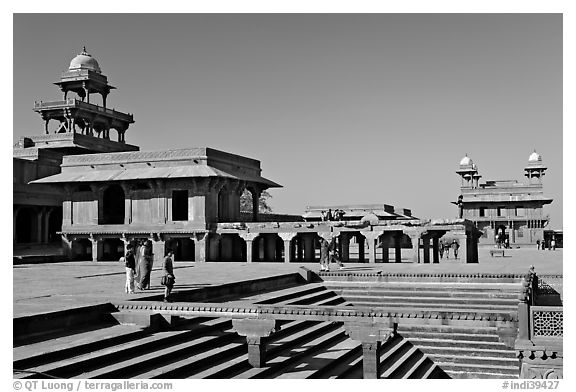 Steps of ornamental pool, Panch Mahal, Diwan-i-Khas, and main courtyard. Fatehpur Sikri, Uttar Pradesh, India (black and white)