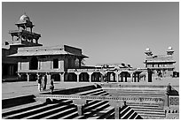 Steps of ornamental pool, Panch Mahal, Diwan-i-Khas, and main courtyard. Fatehpur Sikri, Uttar Pradesh, India ( black and white)