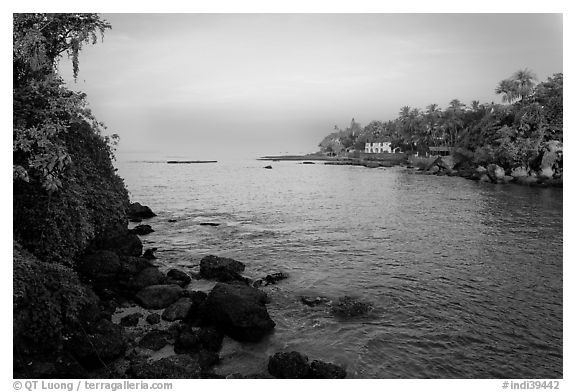 Oceanfront with house and palm trees, Dona Paula. Goa, India