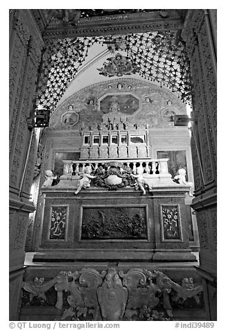 Three-tiered marble tomb of St Francis, Basilica of Bom Jesus, Old Goa. Goa, India (black and white)