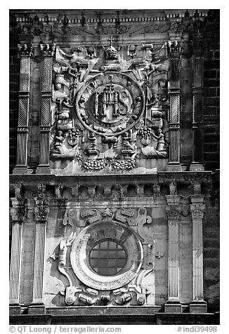 Facade decor, Basilica of Bom Jesus, Old Goa. Goa, India (black and white)