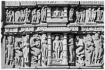 Sculptures, Parsvanatha temple, Eastern Group. Khajuraho, Madhya Pradesh, India (black and white)