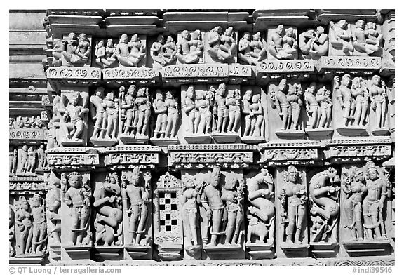 Carvings, Parsvanatha temple, Eastern Group. Khajuraho, Madhya Pradesh, India (black and white)