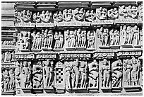 Carvings, Parsvanatha temple, Eastern Group. Khajuraho, Madhya Pradesh, India (black and white)