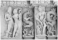 Scultpural details, Parsvanatha temple, Eastern Group. Khajuraho, Madhya Pradesh, India (black and white)