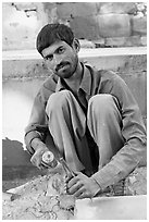 Stone carver. Khajuraho, Madhya Pradesh, India (black and white)