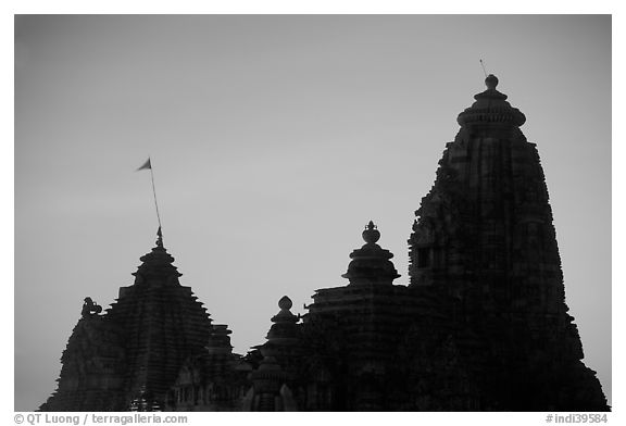 Temple silhouette, Western Group, sunset. Khajuraho, Madhya Pradesh, India (black and white)