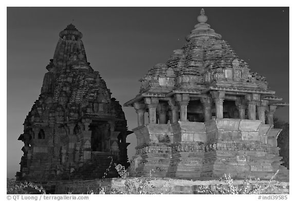 Temples at dusk, Western Group. Khajuraho, Madhya Pradesh, India (black and white)
