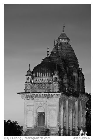 Temple at dusk, Western Group. Khajuraho, Madhya Pradesh, India (black and white)