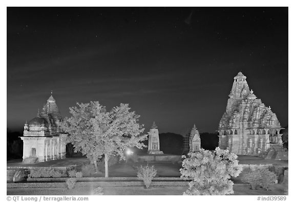 Temples of the Western Group at night. Khajuraho, Madhya Pradesh, India (black and white)