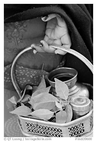 Basket with temple ritual offerings. Khajuraho, Madhya Pradesh, India