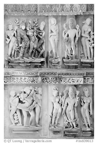 Apsaras and Mithunas, Lakshmana temple. Khajuraho, Madhya Pradesh, India (black and white)