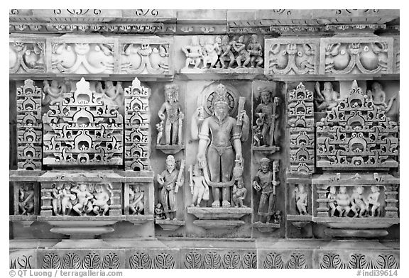 Temple carving detail, Lakshmana temple. Khajuraho, Madhya Pradesh, India (black and white)