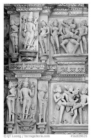 Apsaras and mithunas, Kadariya-Mahadeva temple. Khajuraho, Madhya Pradesh, India (black and white)