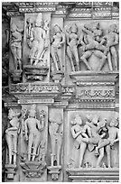 Apsaras and mithunas, Kadariya-Mahadeva temple. Khajuraho, Madhya Pradesh, India (black and white)