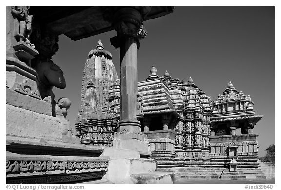 Devi Jagadamba temple seen through Mahadeva. Khajuraho, Madhya Pradesh, India (black and white)