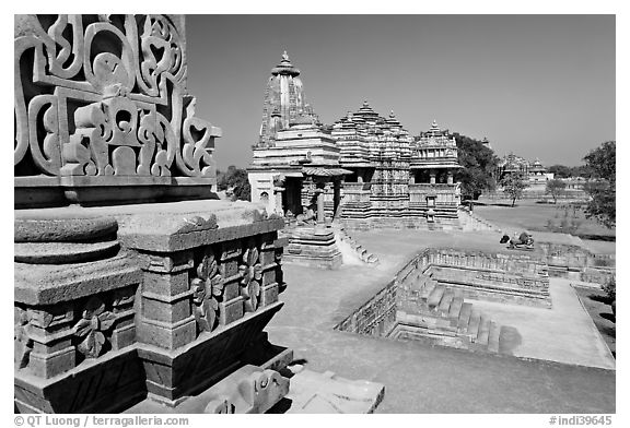 Mahadeva and Devi Jagadamba temples seen from Kadariya-Mahadev. Khajuraho, Madhya Pradesh, India (black and white)