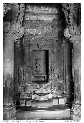 Columns and inner sanctum (garbhagriha) of Lakshmana temple. Khajuraho, Madhya Pradesh, India (black and white)