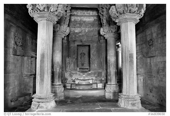 Columns and inner sanctum (garbhagriha) of Lakshmana temple. Khajuraho, Madhya Pradesh, India (black and white)