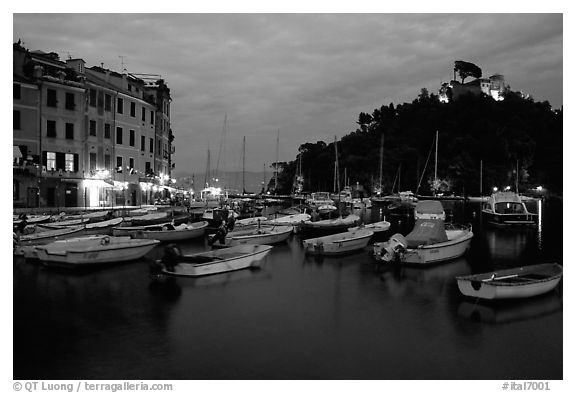 Harbor and San Giorgio castle at dusk, Portofino. Liguria, Italy (black and white)