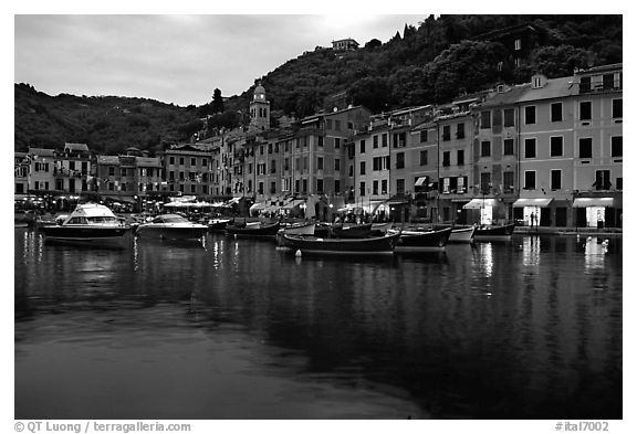 Harbor and hills at dusk, Portofino. Liguria, Italy (black and white)