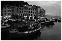 Old harbor at dusk, Portofino. Liguria, Italy (black and white)