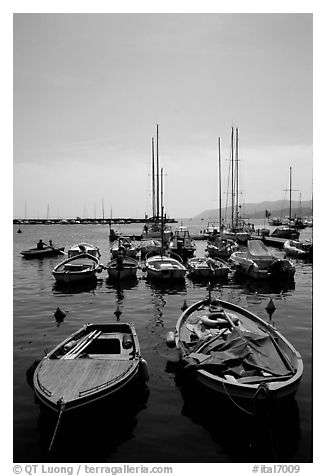 Small boats in harbor, La Spezia. Liguria, Italy (black and white)