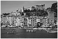 Castle, village, and harbor, Porto Venere. Liguria, Italy (black and white)