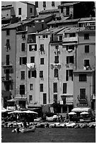 Pastel-colored houses and harbor, Porto Venere. Liguria, Italy (black and white)