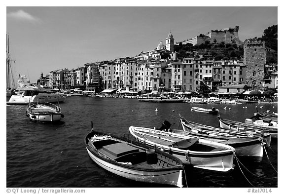 Boats village, and Harbor, Porto Venere. Liguria, Italy (black and white)