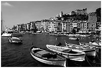 Boats village, and Harbor, Porto Venere. Liguria, Italy (black and white)