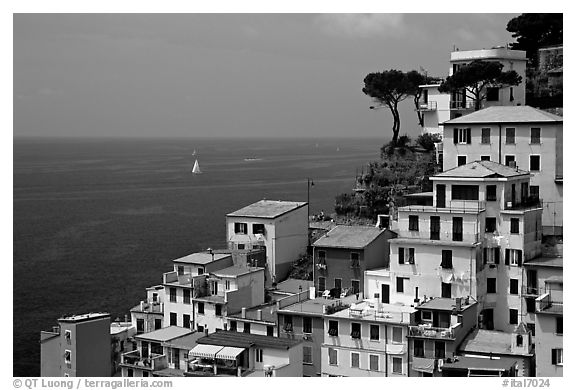 Houses built on the sides of steep hills overlook the Mediterranean, Riomaggiore. Cinque Terre, Liguria, Italy